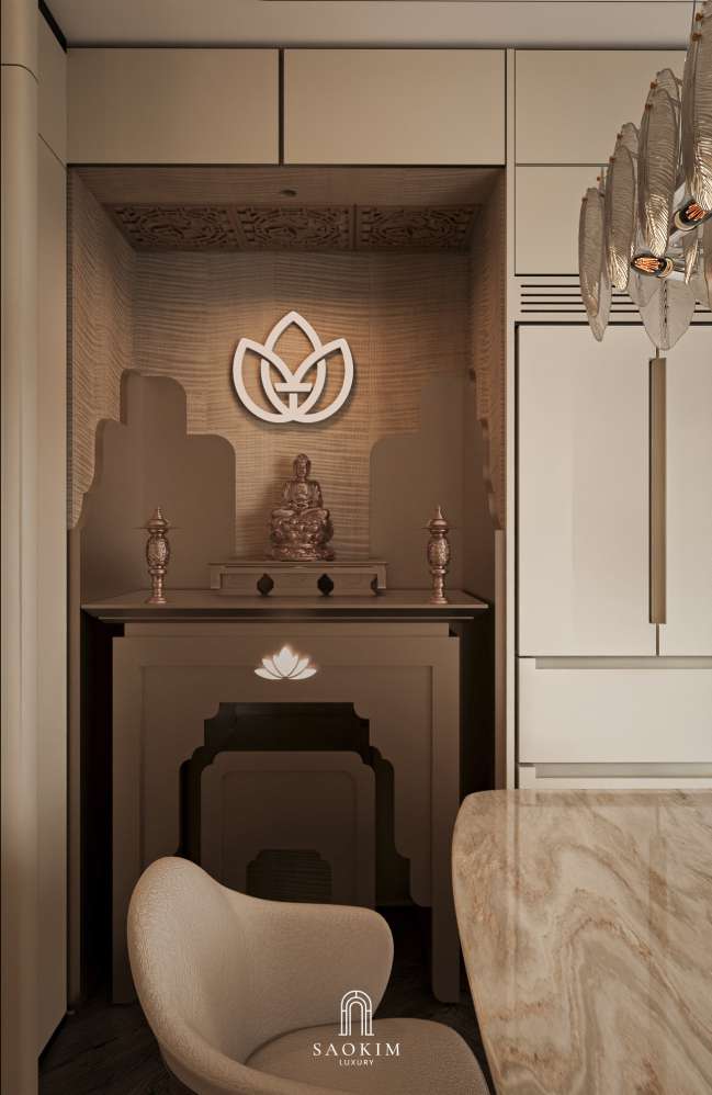 Khu vực ban thờ trang trọng trong thiết kế nội thất chung cư cao cấp Lumière Evergreen phong cách Quiet Luxury
